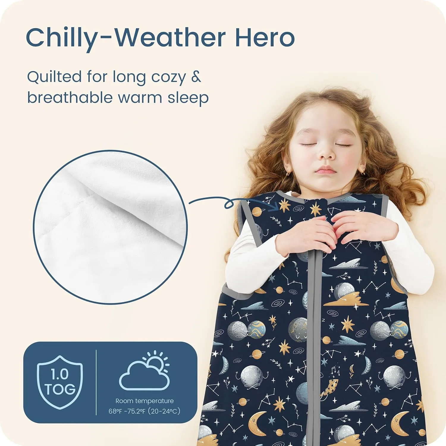 1.0 TOG Baby Sleep Sack 15-18-24 Months, Quilted Wearable Blanket Baby Sleeping Bag with 2-way Safe Zipper, Ultra Soft All Season Sleep Sack, 1 Pack(Night Sky)