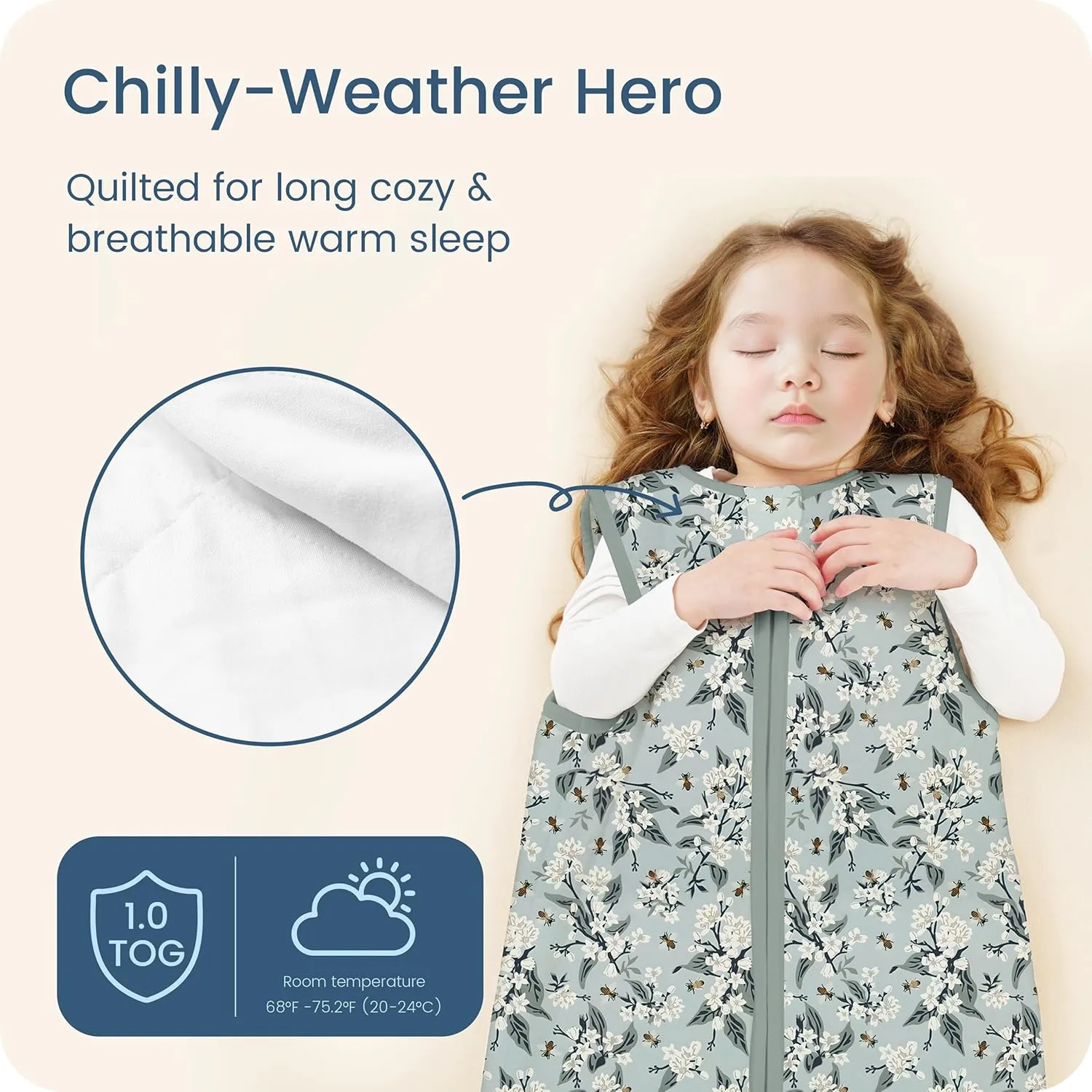 1.0 TOG Toddler Sleep Sack, Wearable Blanket Baby Sleeping Bag with 2-way Safe Zipper, Ultra Soft All Season Sleep Sack for 24-36-48 Months, 1 Pack(Bee Blossom)