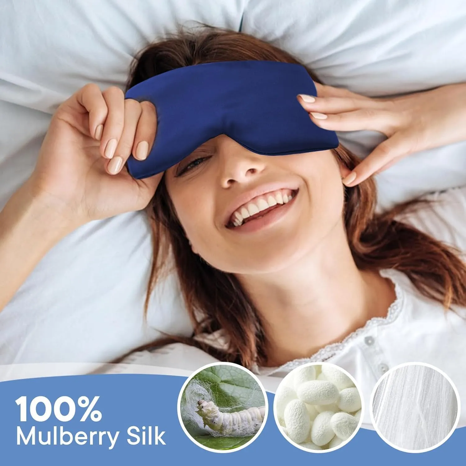 100% 22 Momme Mulberry Silk Sleep Mask for Sleeping with Adjustable Headband Inner Bag, Total Blackout with Adjustable Straps for Women Men, Travel Eye Mask for Sleeping Airplane-Navy