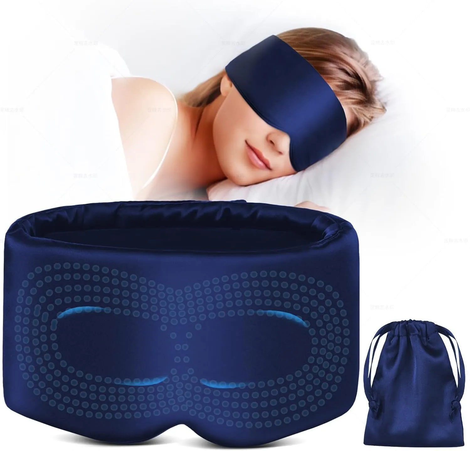 100% 22 Momme Mulberry Silk Sleep Mask for Sleeping with Adjustable Headband Inner Bag, Total Blackout with Adjustable Straps for Women Men, Travel Eye Mask for Sleeping Airplane-Navy