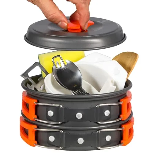 10PCS Camping Cookware Mess Kit,Camping Gear,Campfire Utensils Lightweight Stackable Pot Pan