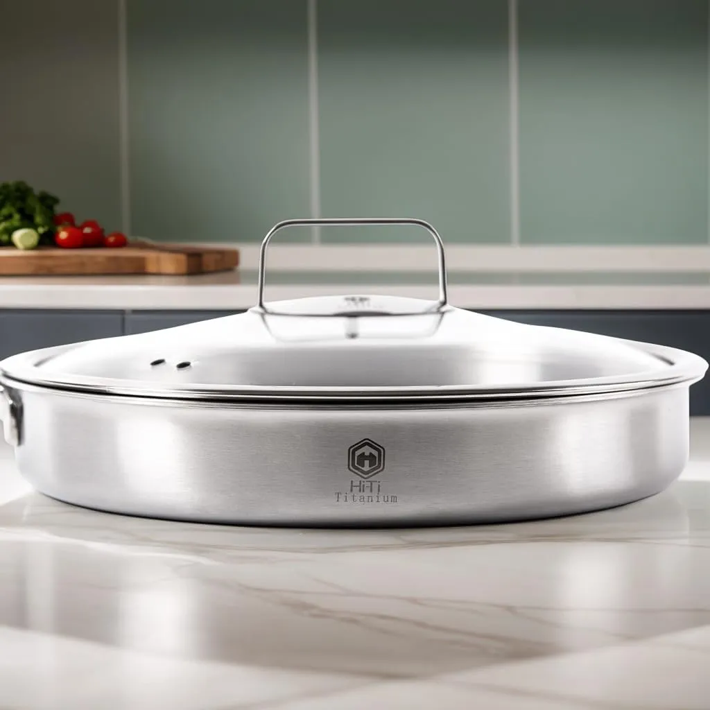 12 Inch Titanium Pan with Glass Lid - 0.5mm Pure Titanium   1.4mm Aluminum Core | Coating-Free & PFOA-Free | Induction/Gas/Oven Safe to 500°F | Energy-Efficient Even Heating