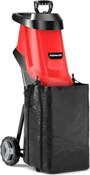 15 Amp Electric Wood Chipper Shredder, Corded Leaf Mulcher Shredder with Plunger, Collection Bag & 15:1 Reduction, Garden Shredder with Wheels for Branches, Leaves, Waste(Red)