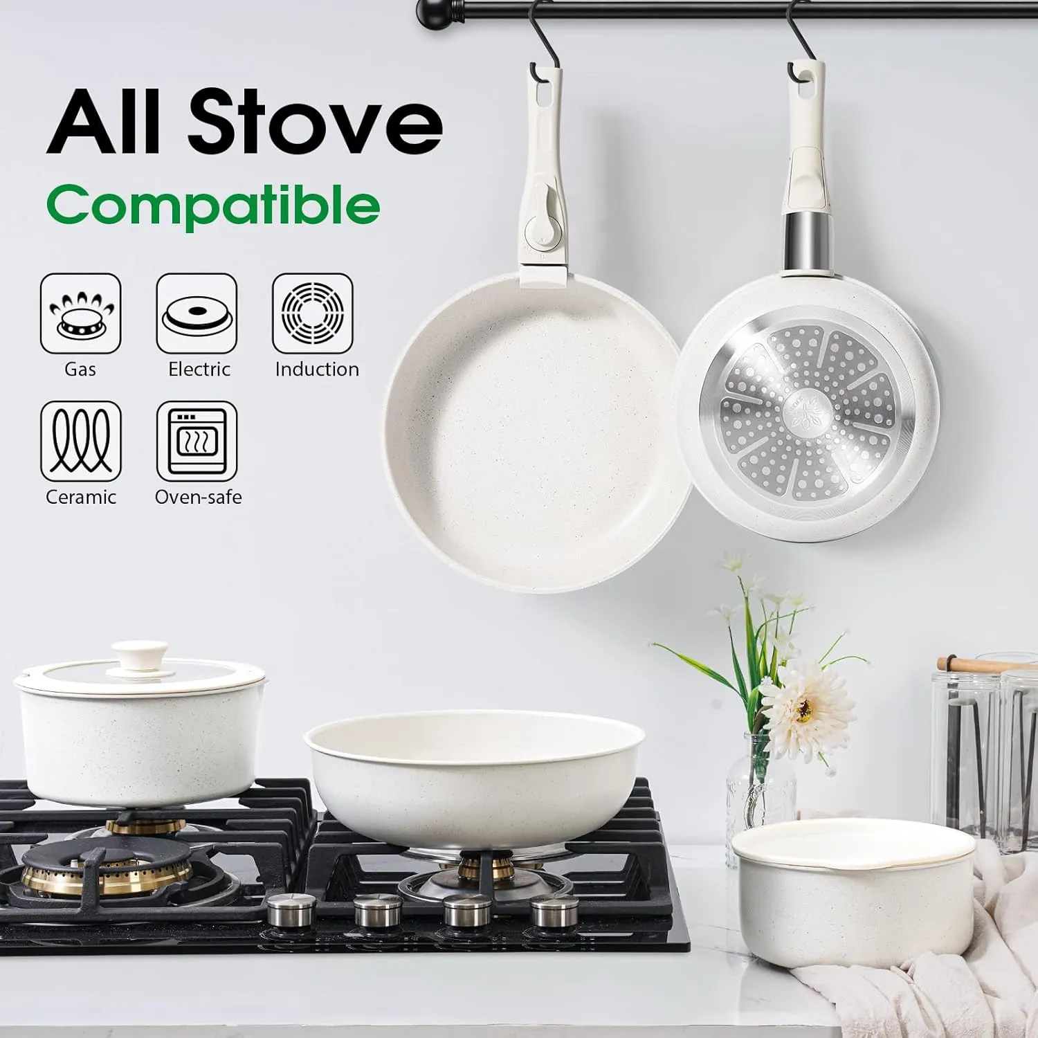 15Pcs Pots and Pans Set Non Stick, Cookware Sets with Detachable Handle, Nonstick RV Kitchen Cooking Tools Removable Handles, Oven Safe, Induction Fast, Stackable Induction Cookware, White
