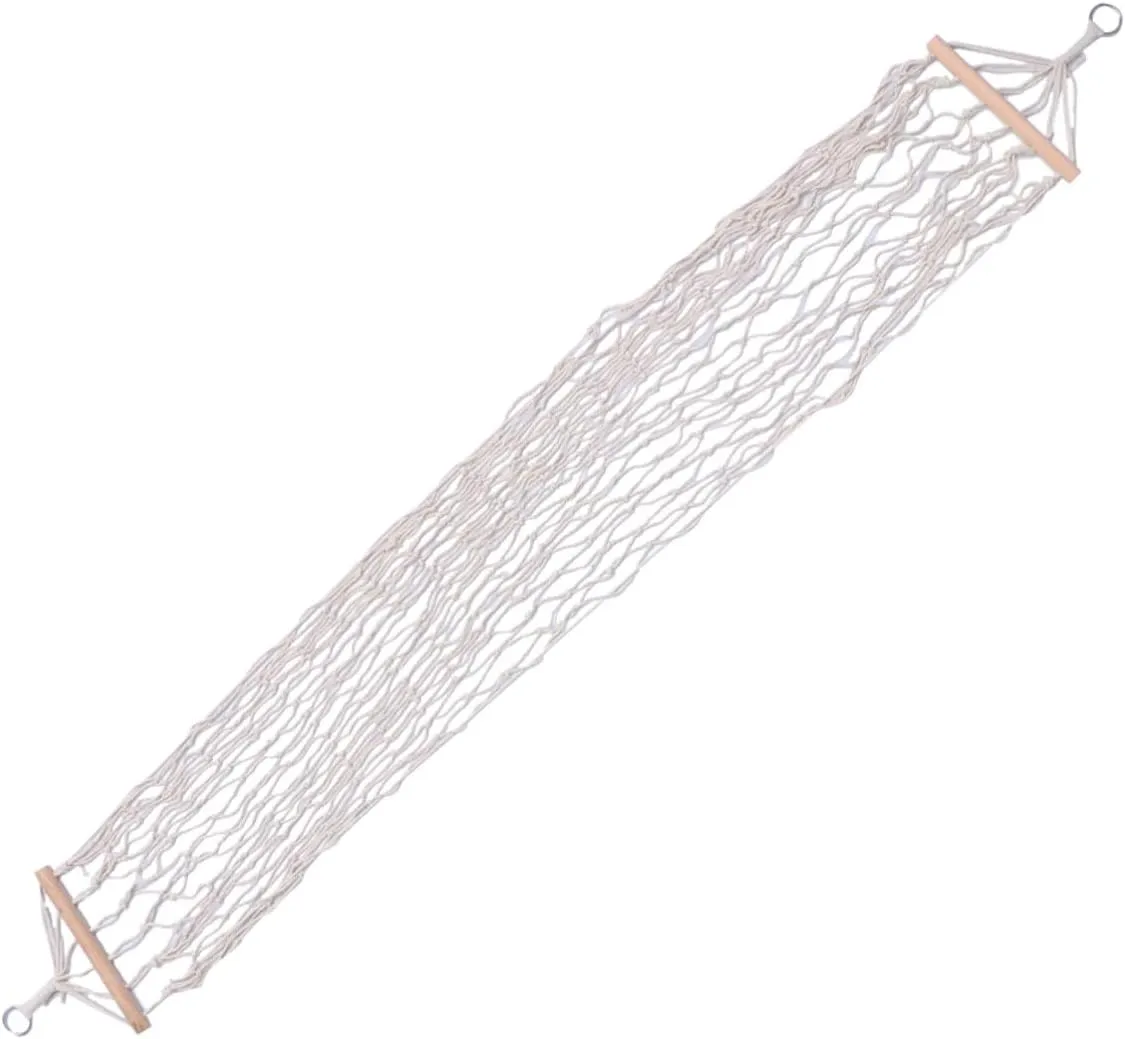 1pc Mesh Hammock with Wooden Stick Cotton Rope Swing Chair for Outdoor Leisure Camping Hiking and Traveling Lightweight Skin-Friendly Easy to Assemble
