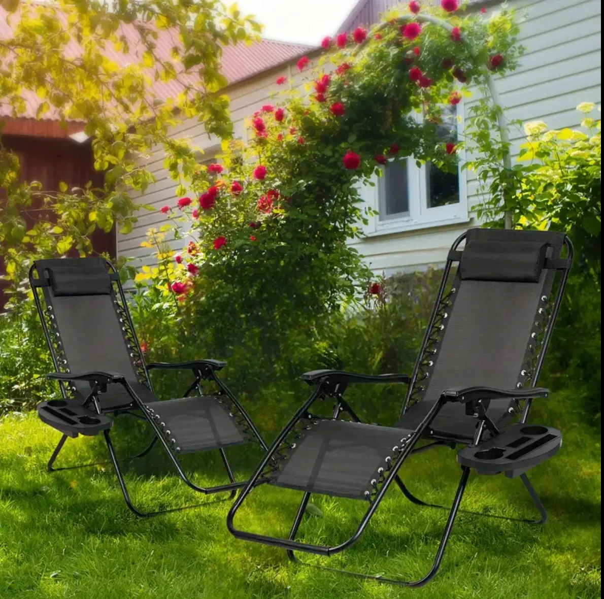 2 Pack Relaxing Chair For Outdoor Patio Pool Yard Camping Office, With Pillow And Cup Holder Tray - 4 Colors