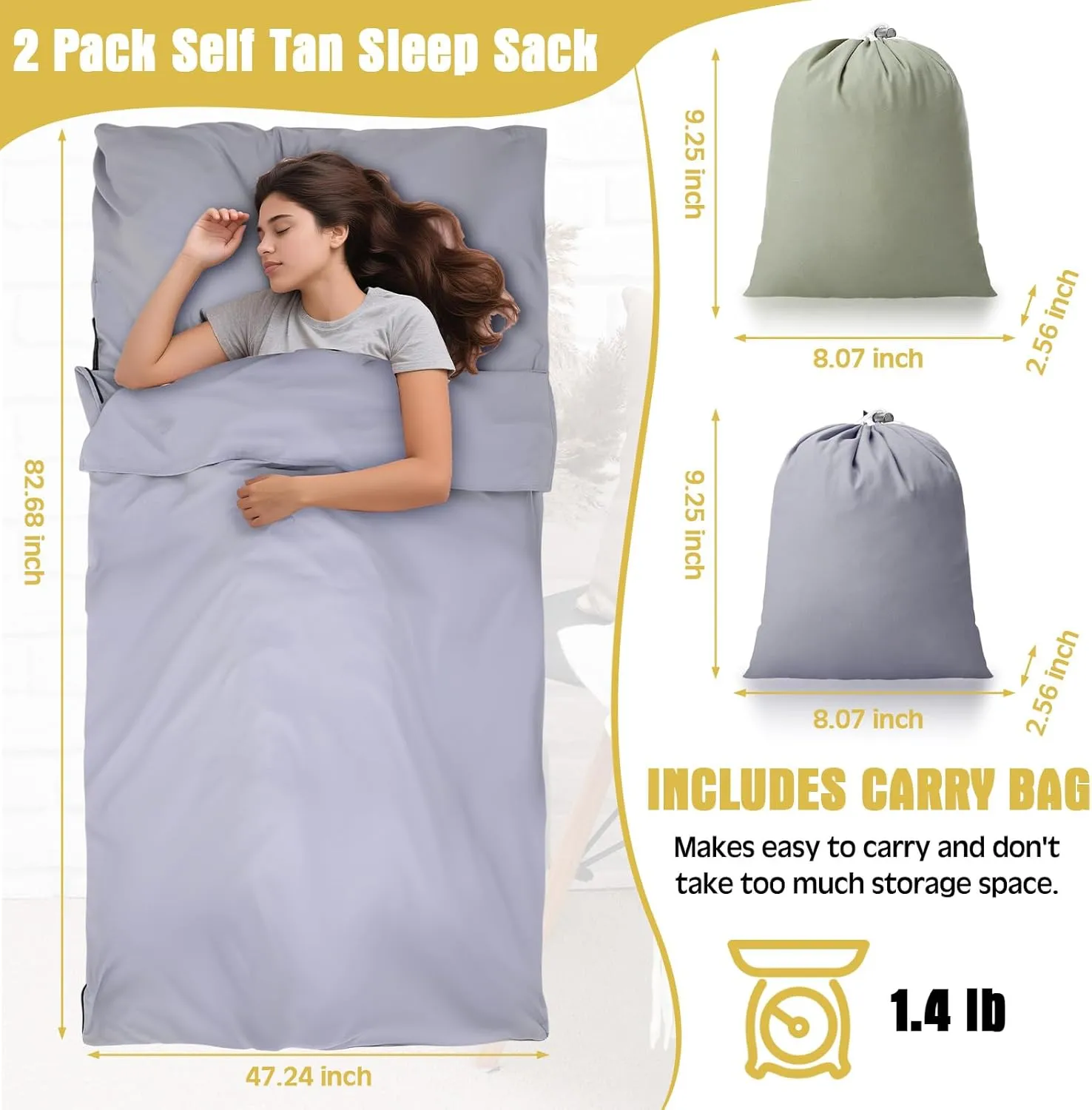 2 Pack Sleeping Bag Liner Portable Polyester Microfiber Adult Sleep Sack with Pocket Bag Travel Self Tan Sheets for Hotel Summer Camping Hiking Business Outdoor Indoor
