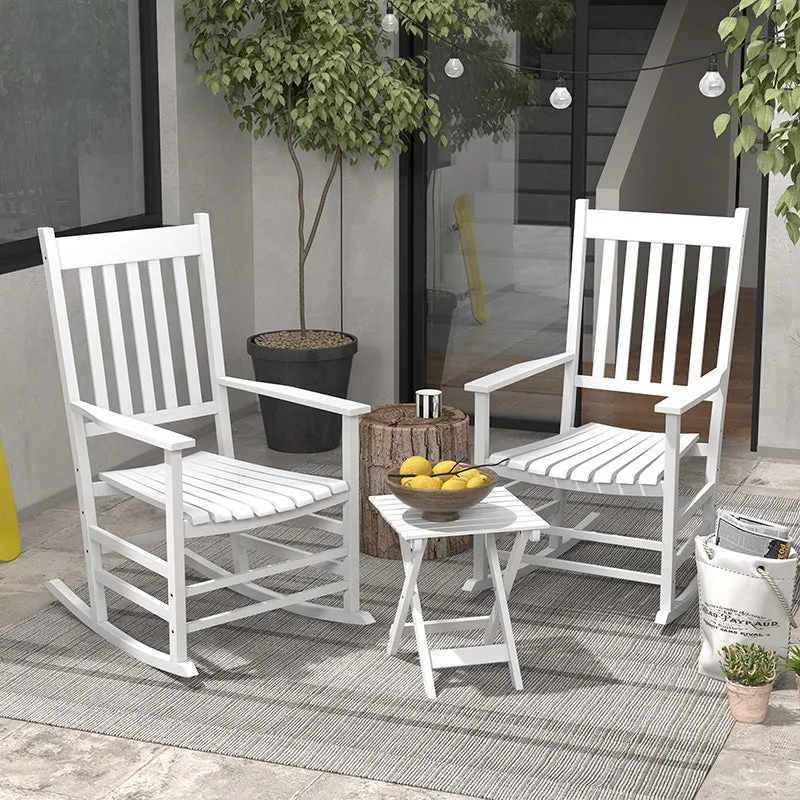 2-Piece Patio Rocking Chair Set, Wooden with Smooth Armrests, High Back, Supports 352 lbs, White