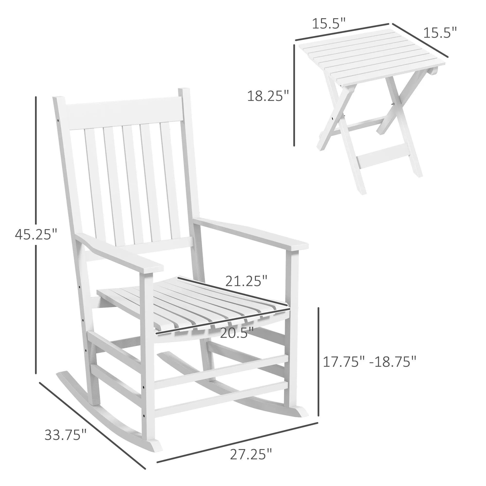 2-Piece Patio Rocking Chair Set, Wooden with Smooth Armrests, High Back, Supports 352 lbs, White