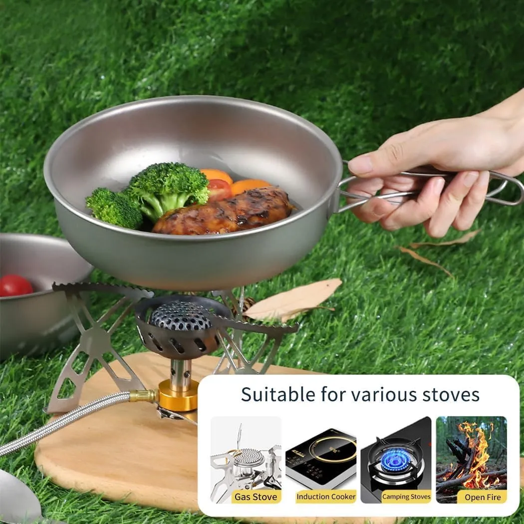 2 Piece-Set, Outdoor Titanium Frying Pan & Pot with Lid Folding Handle Camping Hanging Cookware Hiking Picnic Ultralight Bowl Tableware