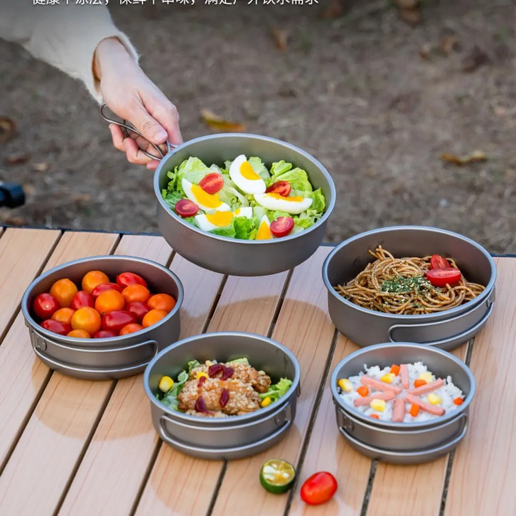 2 Piece-Set, Outdoor Titanium Frying Pan & Pot with Lid Folding Handle Camping Hanging Cookware Hiking Picnic Ultralight Bowl Tableware