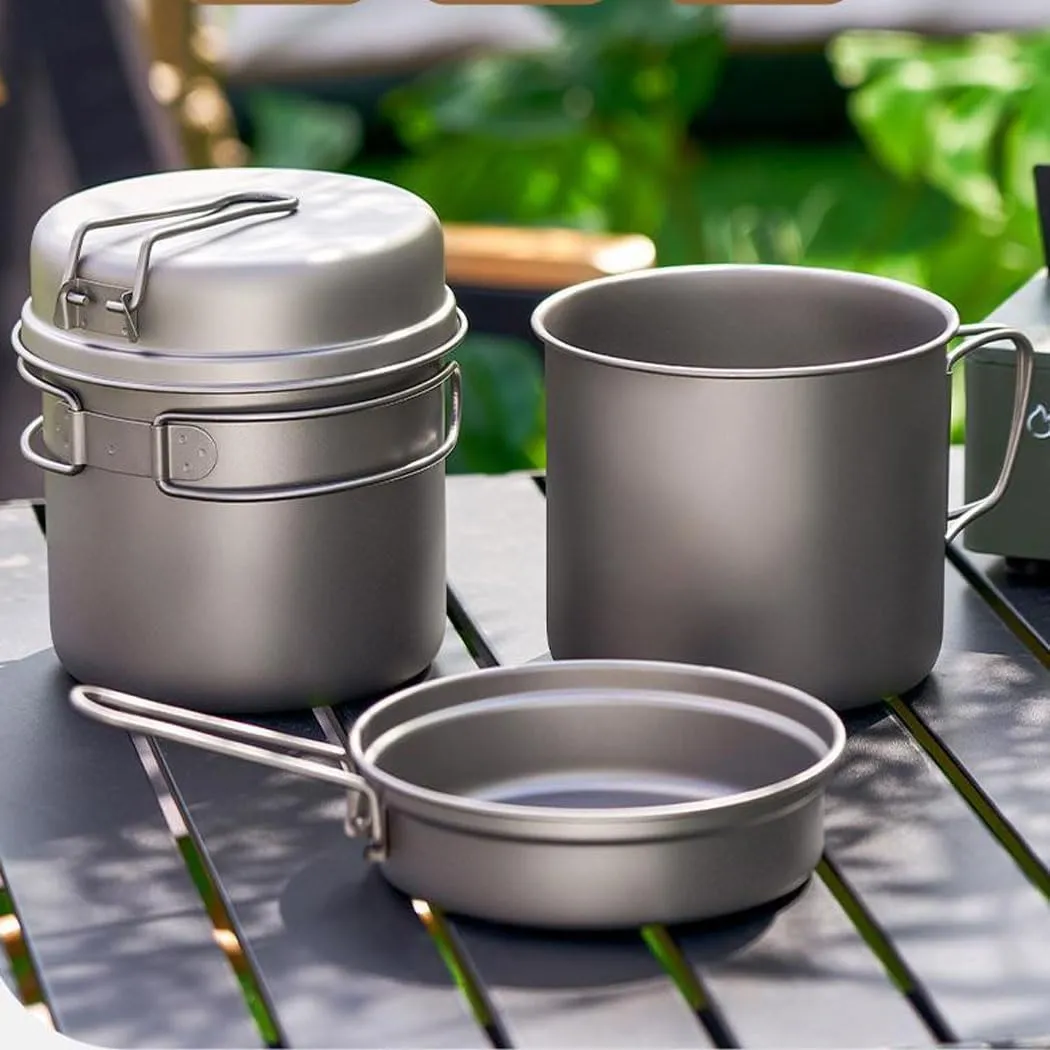2 Piece-Set, Outdoor Titanium Frying Pan & Pot with Lid Folding Handle Camping Hanging Cookware Hiking Picnic Ultralight Bowl Tableware