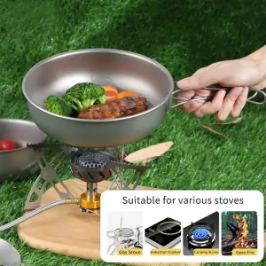 2 Piece-Set, Outdoor Titanium Frying Pan & Pot with Lid Folding Handle Camping Hanging Cookware Hiking Picnic Ultralight Bowl Tableware