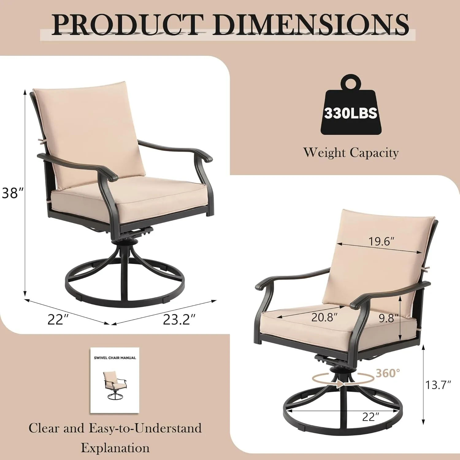 2 Pieces Patio Swivel Chair, All-Weather Swivel Rocker Chair with Armrests & Cushion, Outdoor Dining Chairs, Metal Outdoor Chairs for Garden, Balcony, Deck (2 Pieces)
