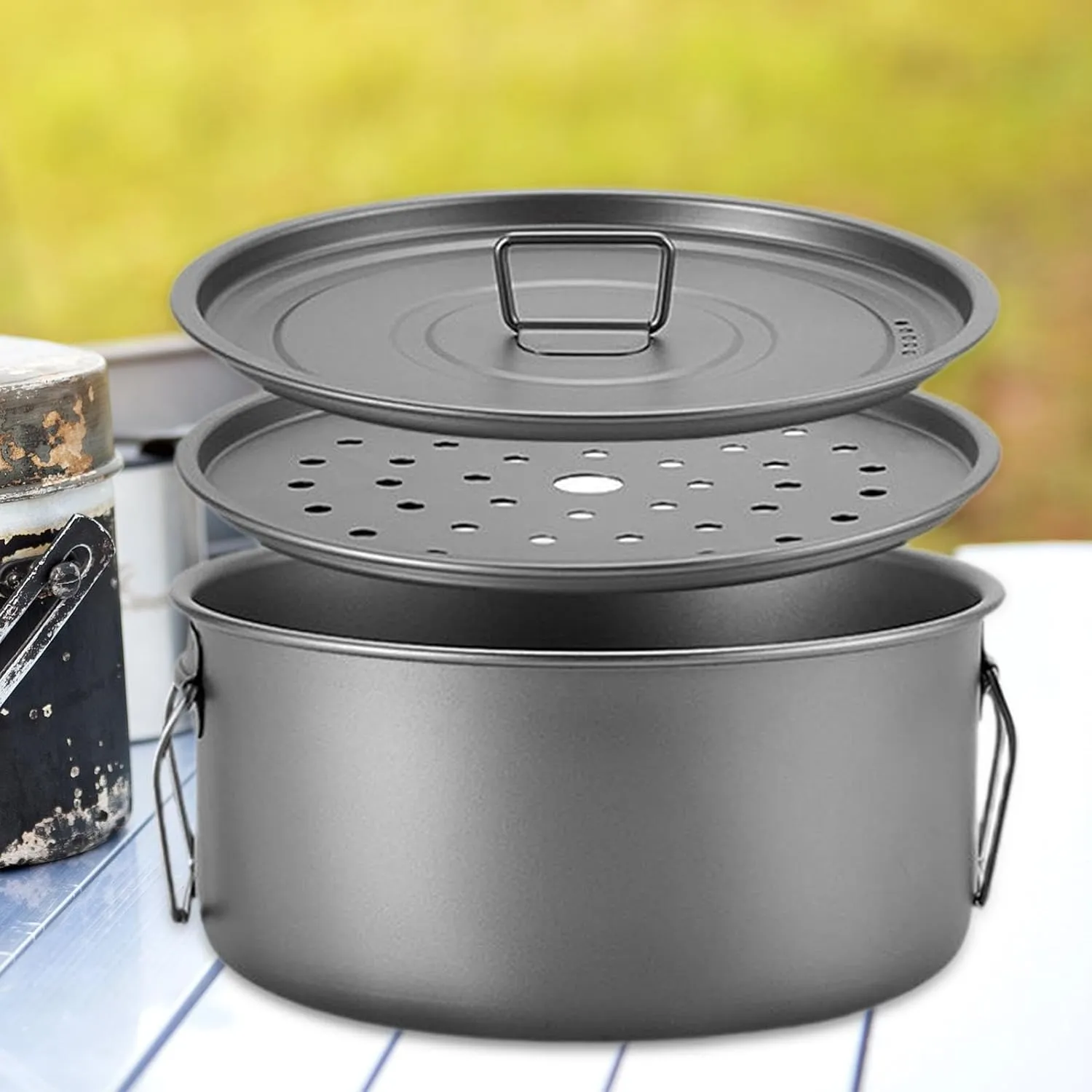 2200ml Camping Cookware Pot with Lid and Titanium Mug for Outdoor Cooking