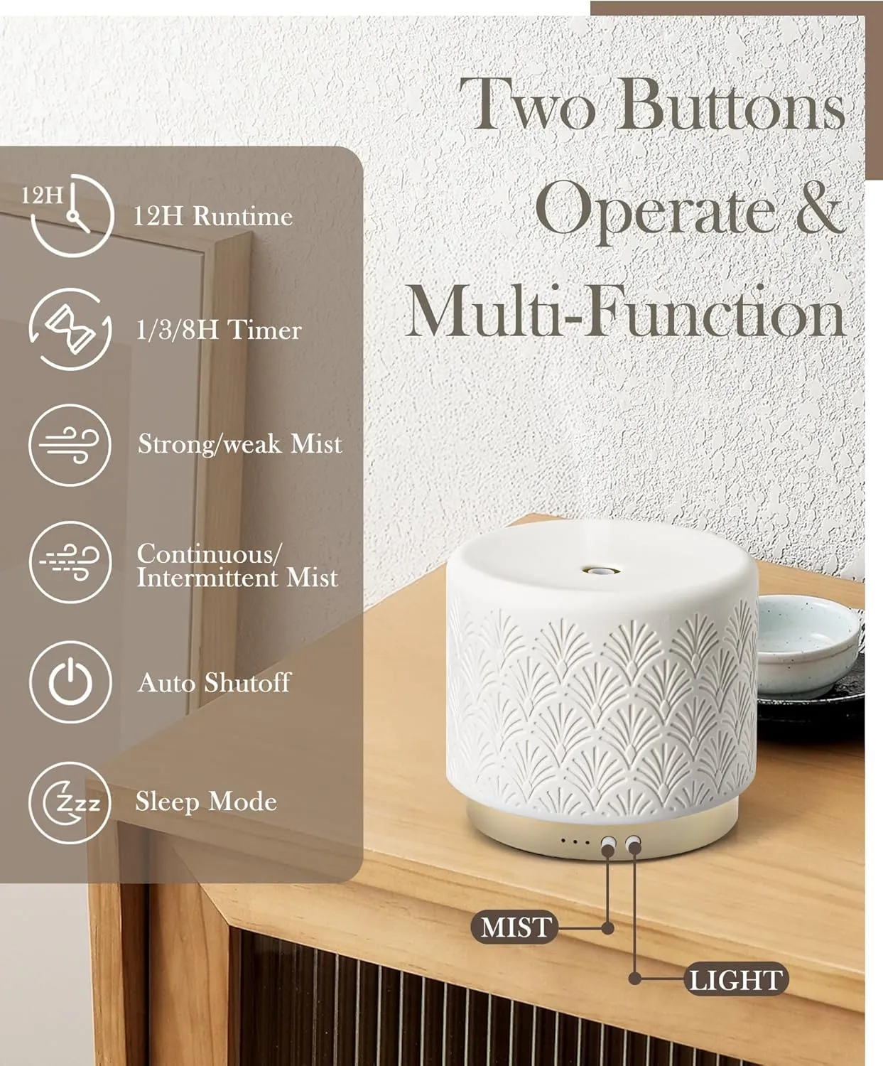 280ml Essential Oil Diffuser – Ceramic Fragrance Diffusers for Essential Oil, Ultrasonic Cool Mist Aromatherapy Diffuser with Auto Shut-Off,Ideal for Home, Office, SPA, Yoga & Bedroom
