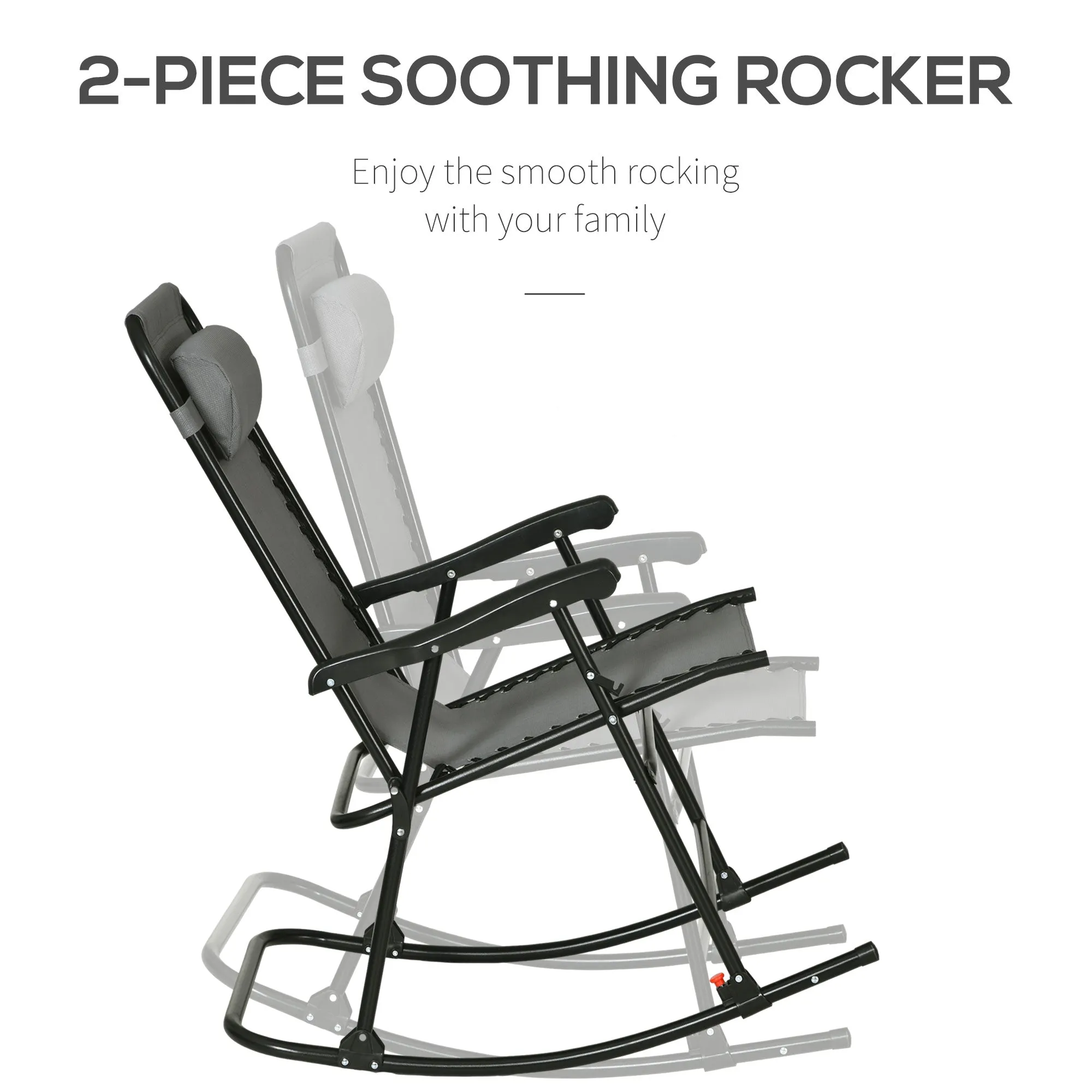 2pc Patio Foldable Rocking Chair Set w/ Breathable Mesh Seat & Backrest, Padded Headrest for Park, Backyard, Garden, Grey