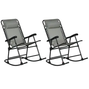 2pc Patio Foldable Rocking Chair Set w/ Breathable Mesh Seat & Backrest, Padded Headrest for Park, Backyard, Garden, Grey