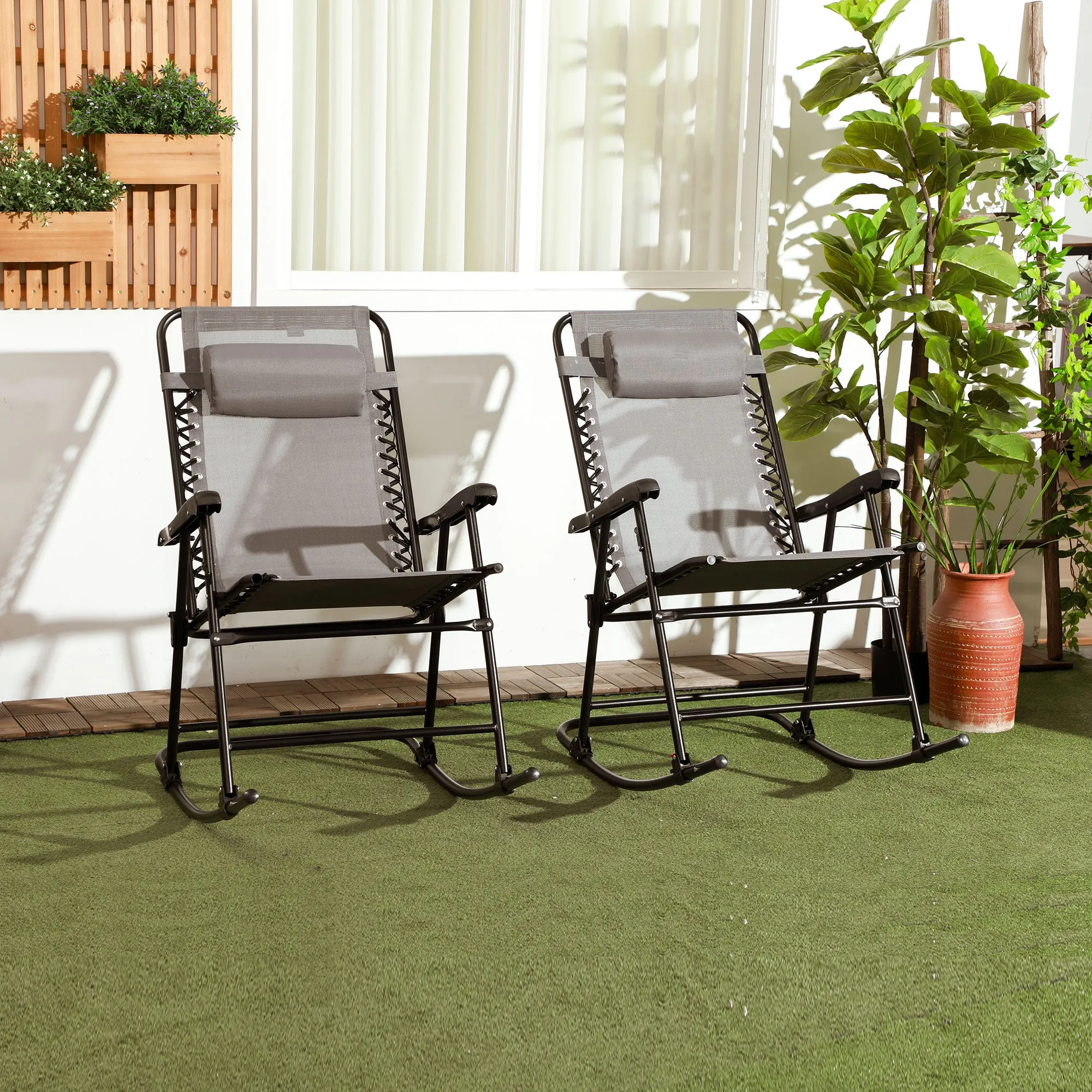 2pc Patio Foldable Rocking Chair Set w/ Breathable Mesh Seat & Backrest, Padded Headrest for Park, Backyard, Garden, Grey