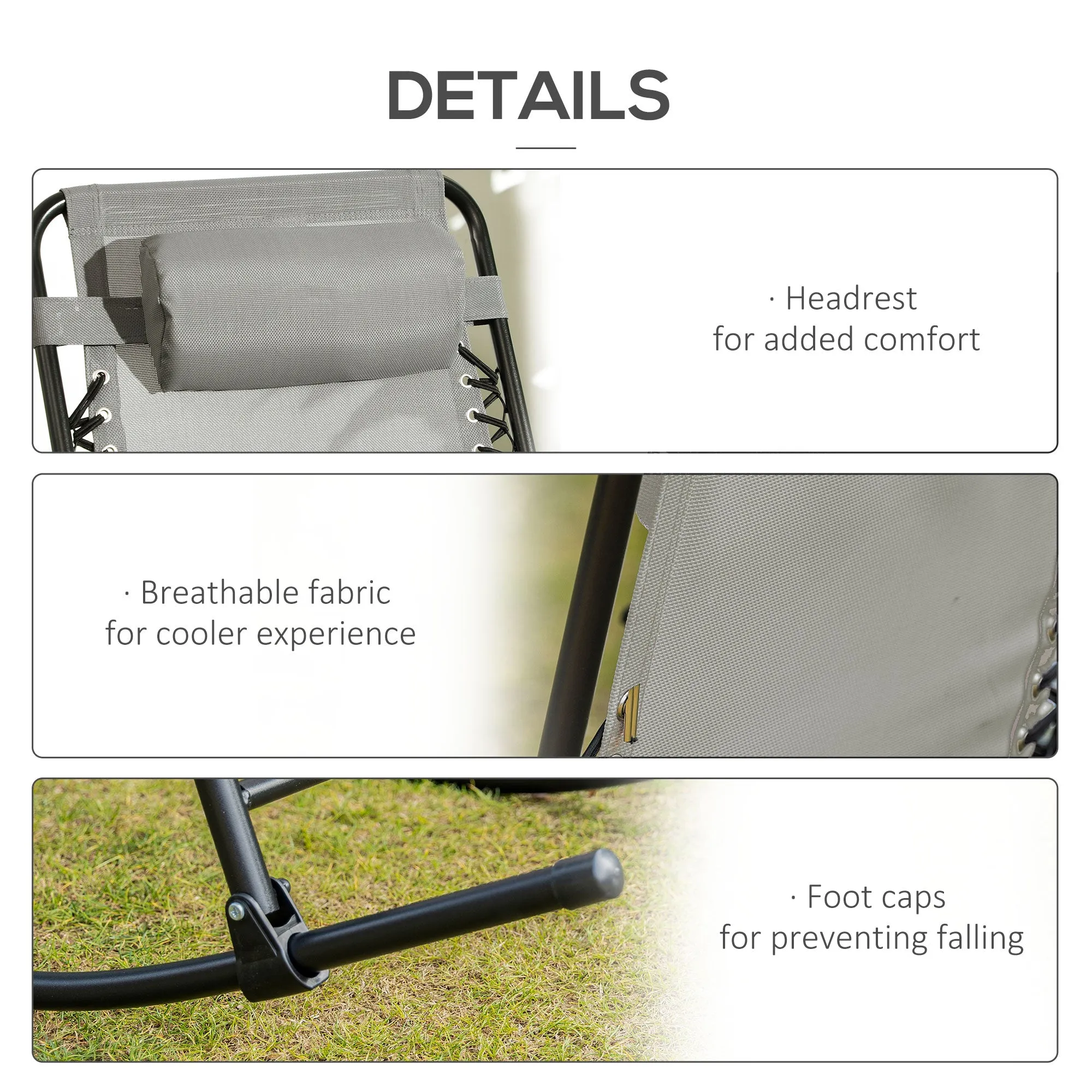 2pc Patio Foldable Rocking Chair Set w/ Breathable Mesh Seat & Backrest, Padded Headrest for Park, Backyard, Garden, Grey