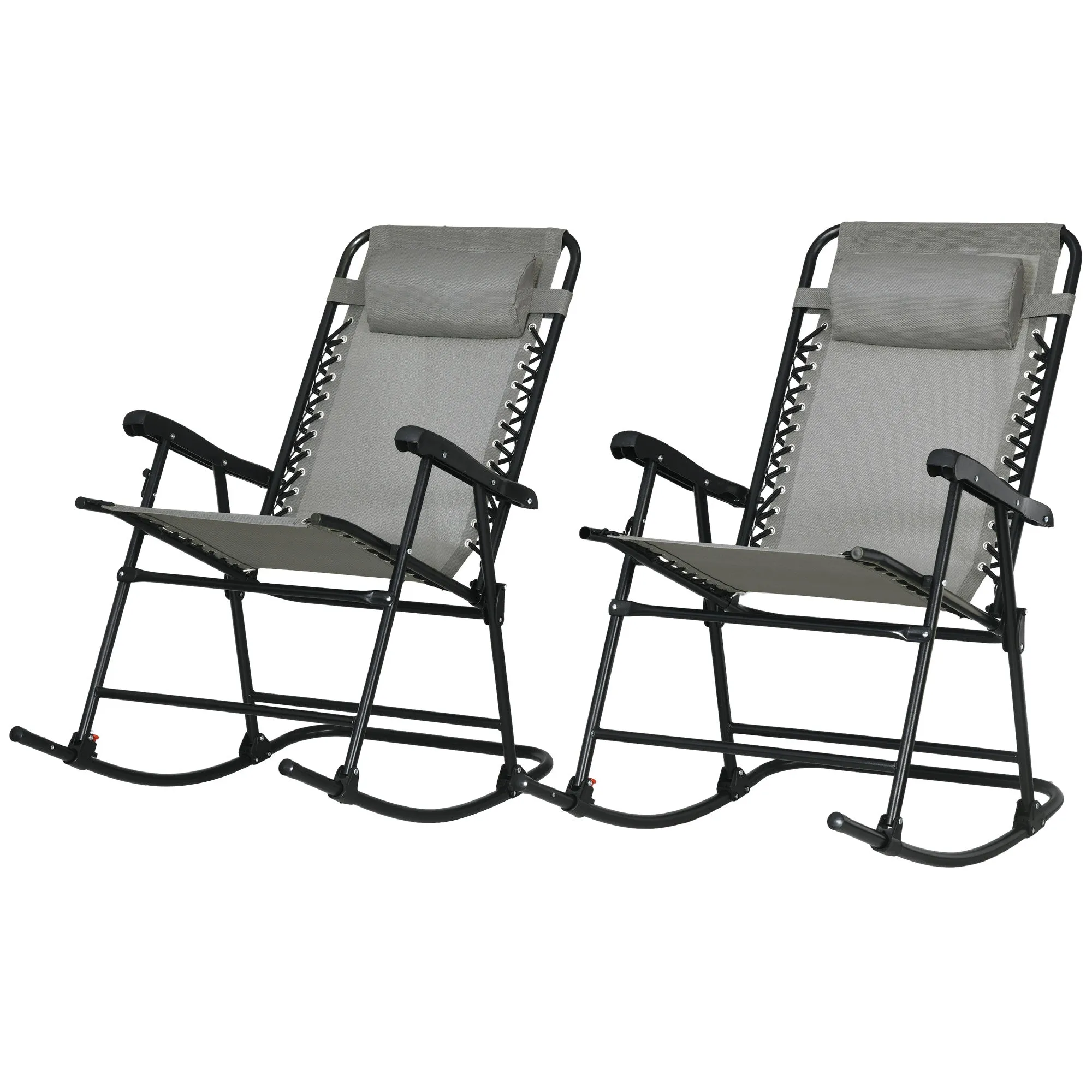 2pc Patio Foldable Rocking Chair Set w/ Breathable Mesh Seat & Backrest, Padded Headrest for Park, Backyard, Garden, Grey