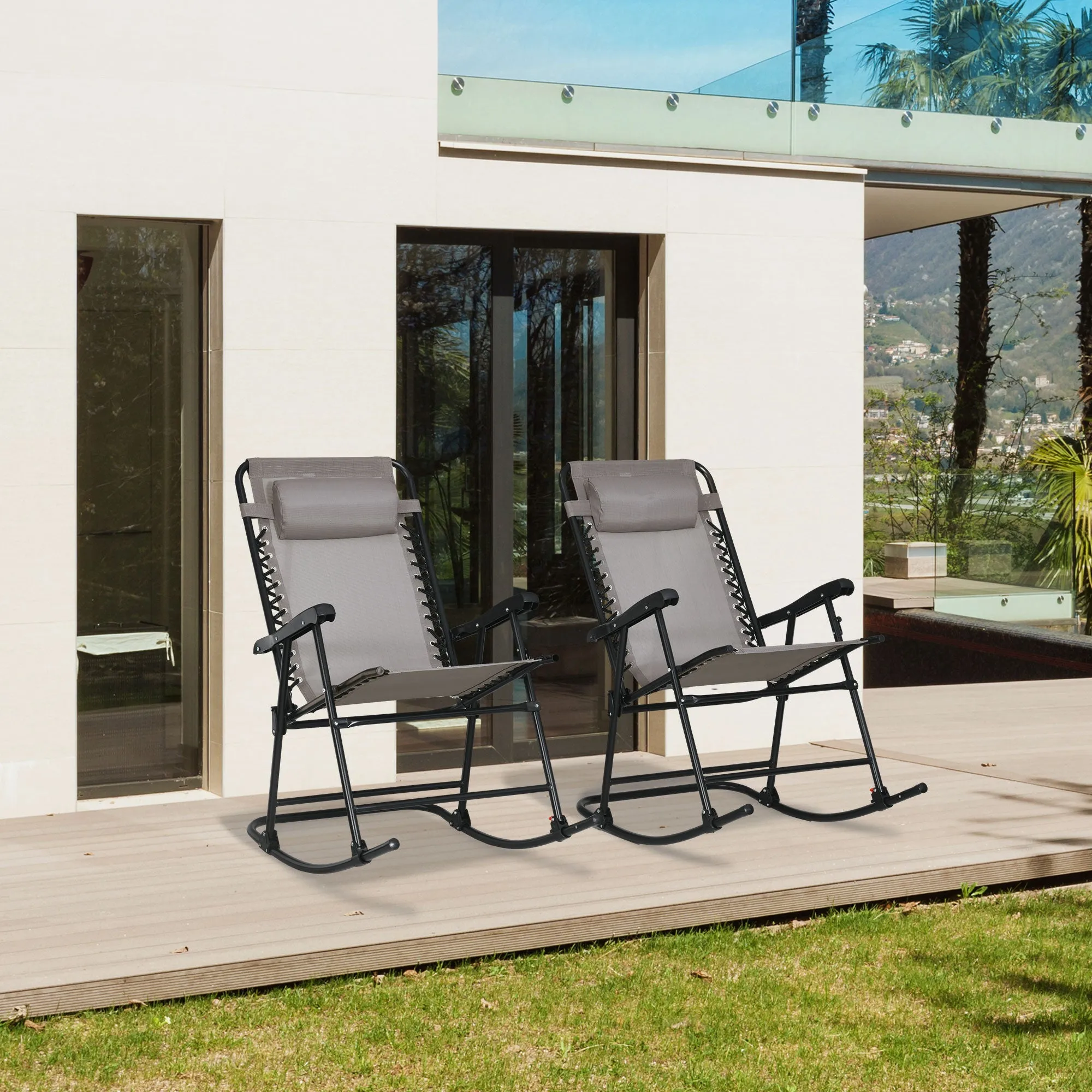 2pc Patio Foldable Rocking Chair Set w/ Breathable Mesh Seat & Backrest, Padded Headrest for Park, Backyard, Garden, Grey