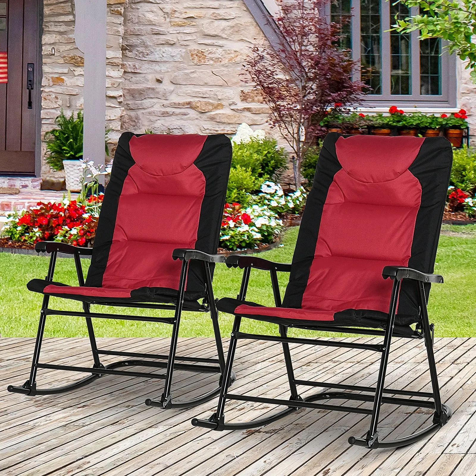 2pc Patio Foldable Rocking Chair Set w/ Soft Padded Seat, Backrest, and Headrest for park, backyard, garden, Red