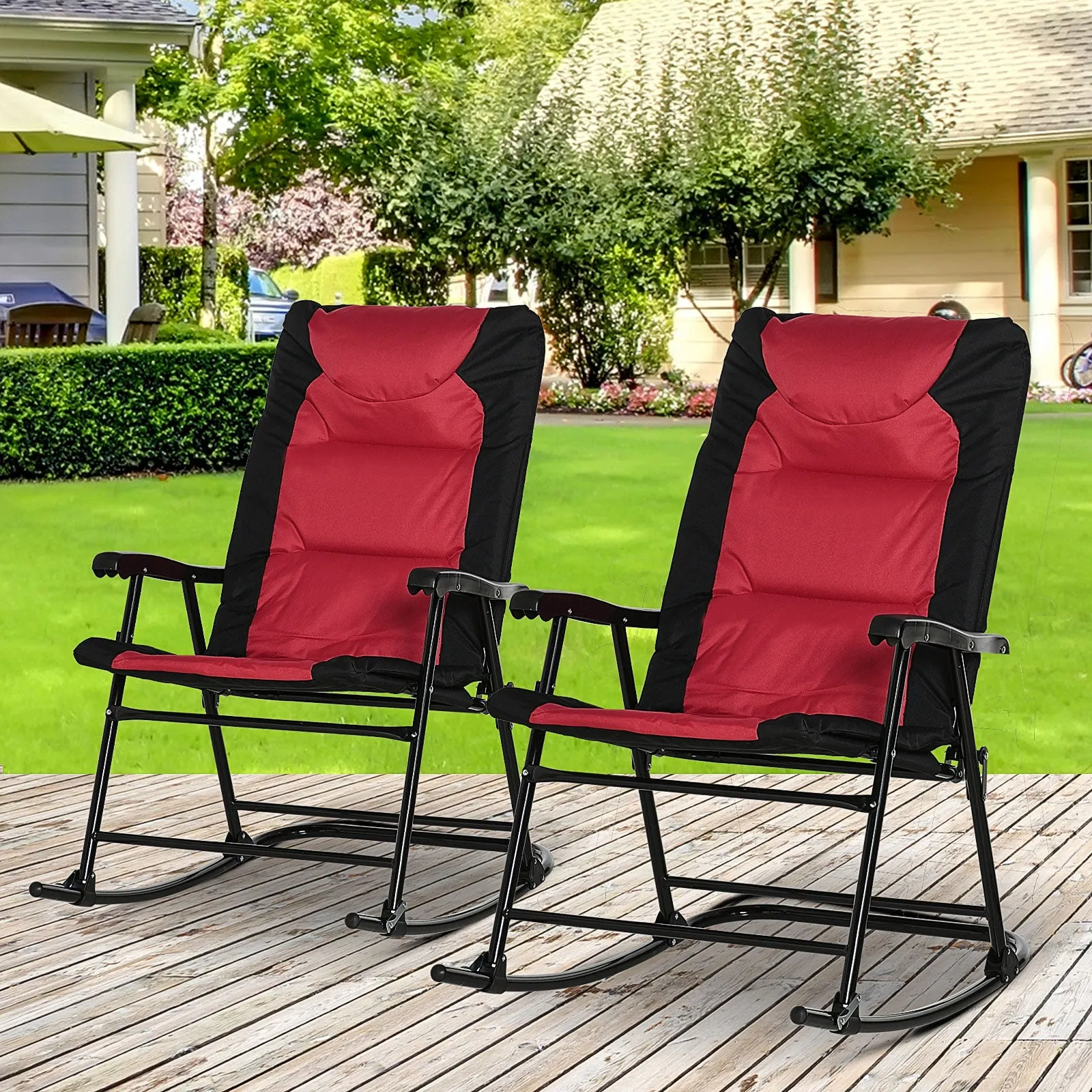 2pc Patio Foldable Rocking Chair Set w/ Soft Padded Seat, Backrest, and Headrest for park, backyard, garden, Red