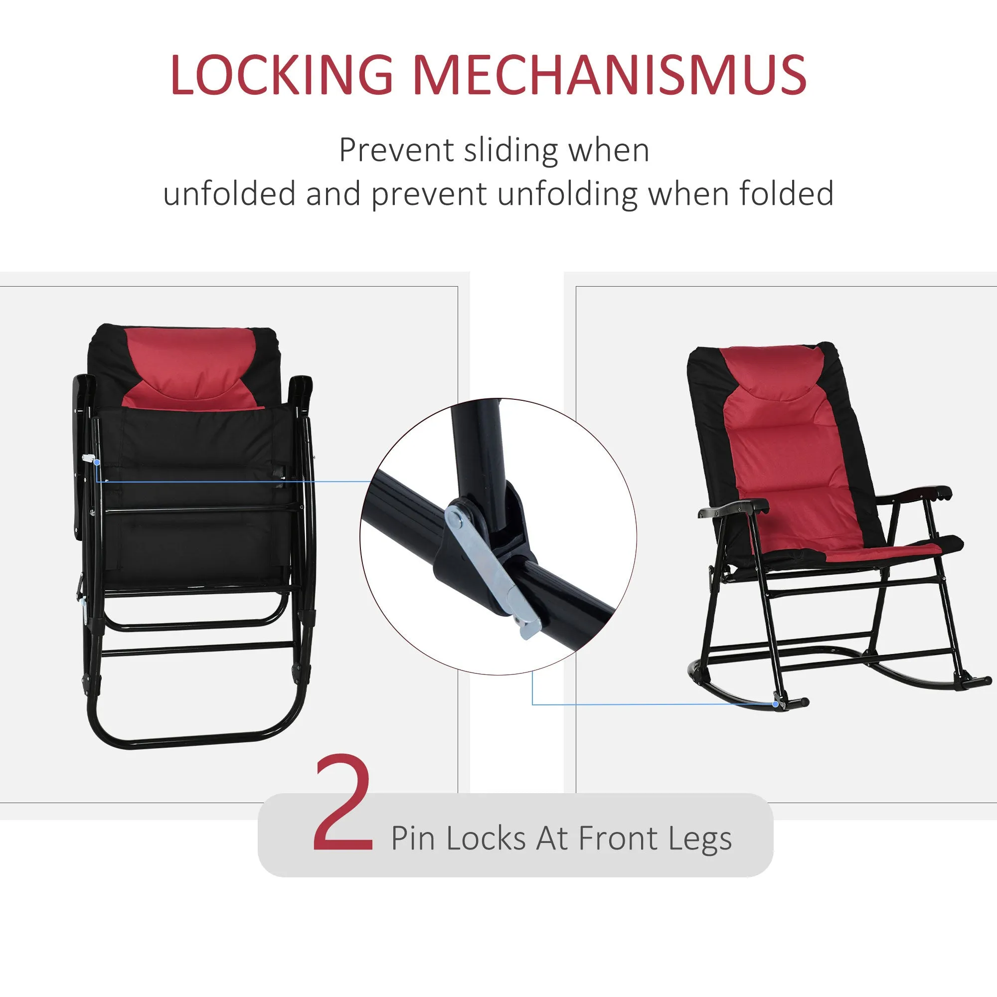 2pc Patio Foldable Rocking Chair Set w/ Soft Padded Seat, Backrest, and Headrest for park, backyard, garden, Red