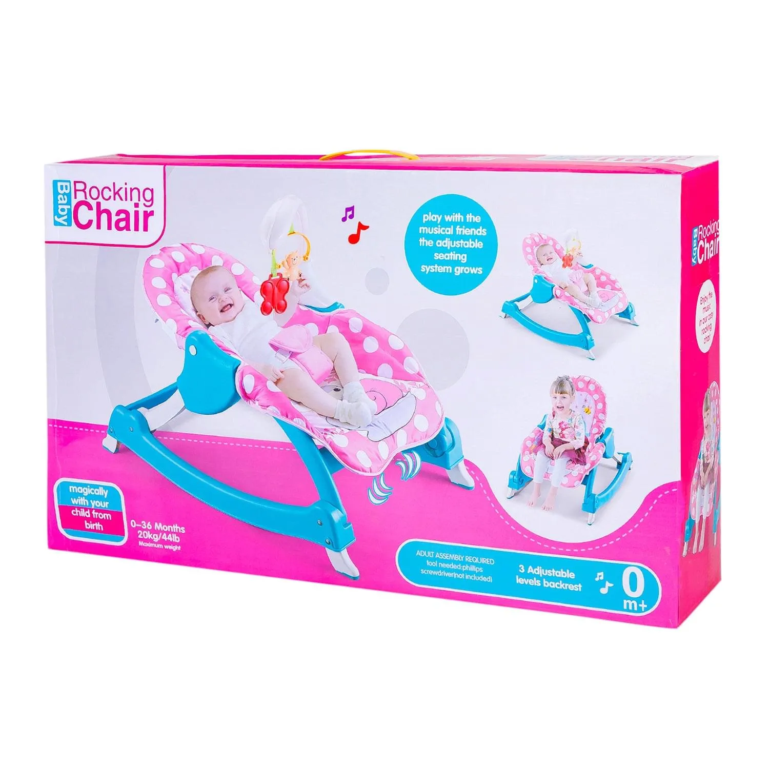 3 Adjustable Level Backrest Musical Baby Rocking Chair Pink Polka Dot