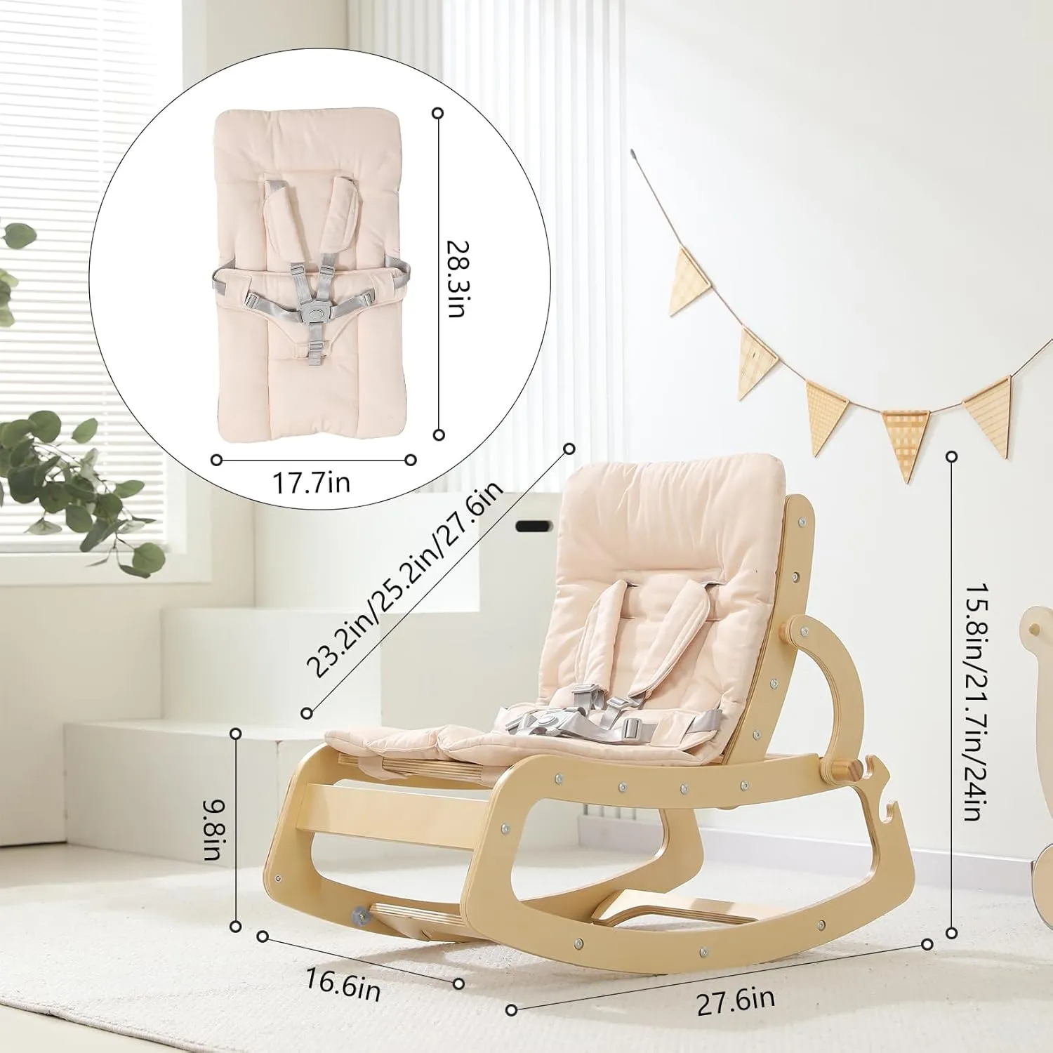 3-in-1 Baby Bouncer Adjustable Wooden Rocker Chair, Ergonomic Design Baby Lounger with Removable Cushion,Seat Belt and Booster, Recliner for Infants to Toddler (Beige)
