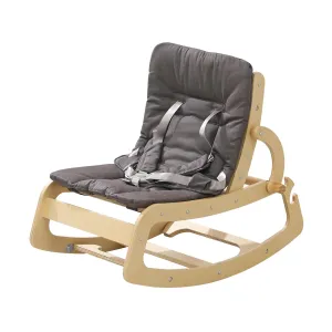 3-in-1 Baby Bouncer Adjustable Wooden Rocker Chair, Ergonomic Design Baby Lounger with Removable Cushion,Seat Belt and Booster, Recliner for Infants to Toddler (Grey)