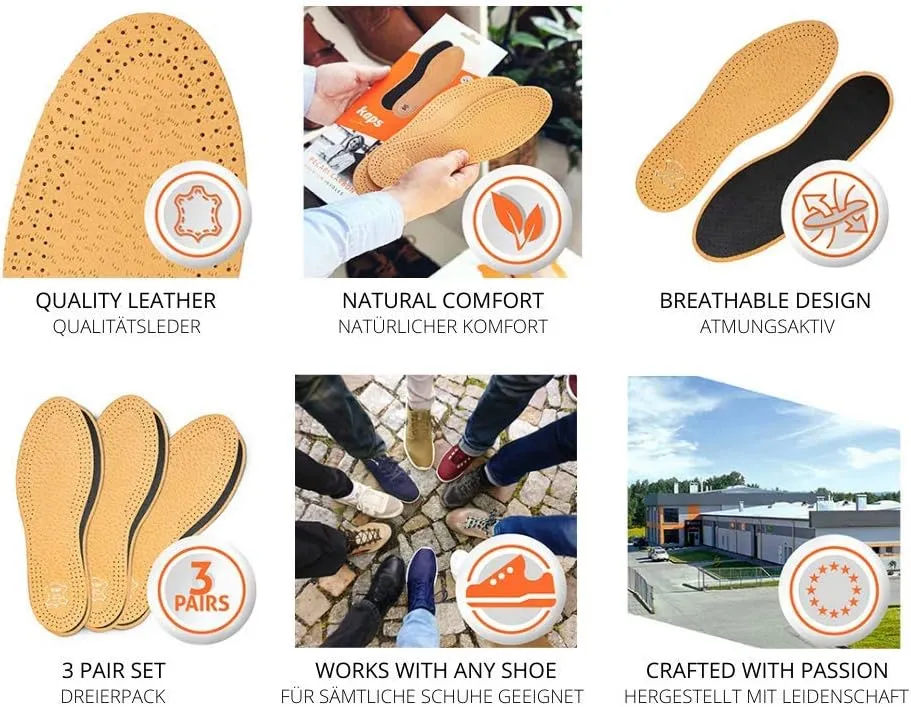 3 Pair Pack Pecari Carbon Shoe Insoles Set, Vegetable Tanned Sheepskin Leather with Activated Carbon Charcoal, Elegant and Comfortable, Kaps (Women / 9 US / 40 EUR)