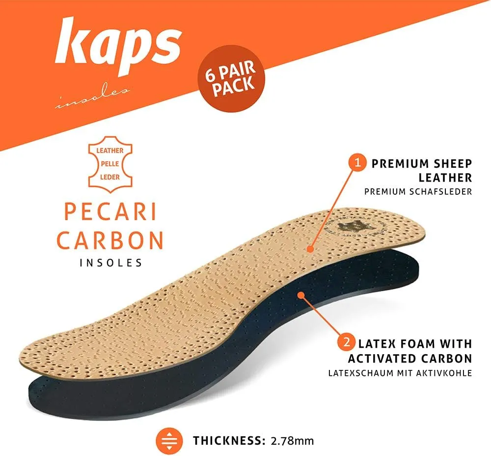 3 Pair Pack Pecari Carbon Shoe Insoles Set, Vegetable Tanned Sheepskin Leather with Activated Carbon Charcoal, Elegant and Comfortable, Kaps (Women / 9 US / 40 EUR)