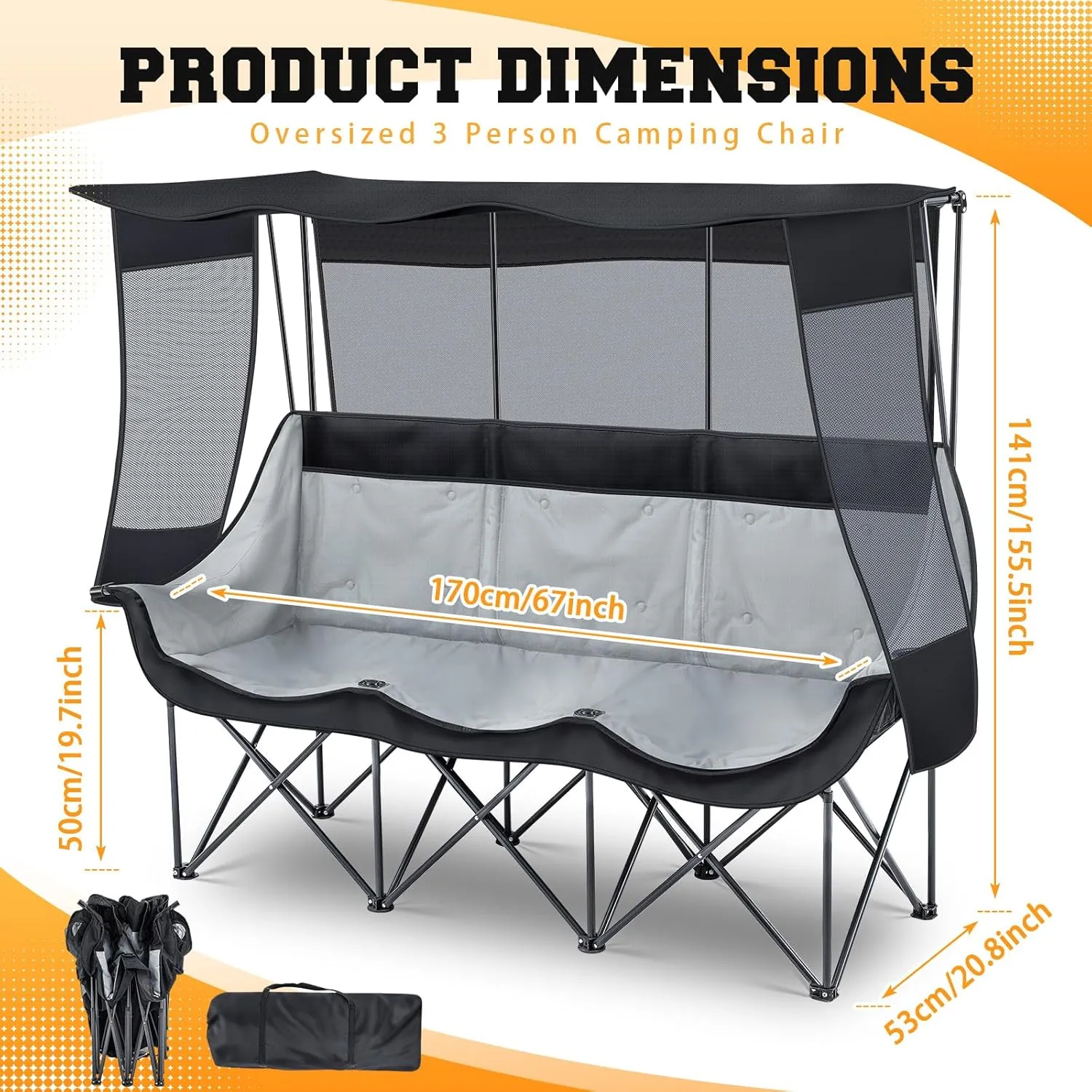 3 Person Camping Beach Chair with Canopy Shade Fully Padded Folding Outdoor Oversized Camping Sofa for 2-3 Person, Sturdy Loveseat Couch with Cup Holder and Carry Bag for Lawn Camp(Black)