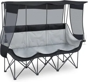 3 Person Camping Beach Chair with Canopy Shade Fully Padded Folding Outdoor Oversized Camping Sofa for 2-3 Person, Sturdy Loveseat Couch with Cup Holder and Carry Bag for Lawn Camp(Black)