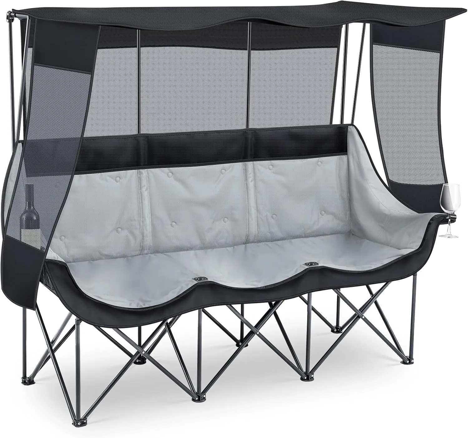 3 Person Camping Beach Chair with Canopy Shade Fully Padded Folding Outdoor Oversized Camping Sofa for 2-3 Person, Sturdy Loveseat Couch with Cup Holder and Carry Bag for Lawn Camp(Black)