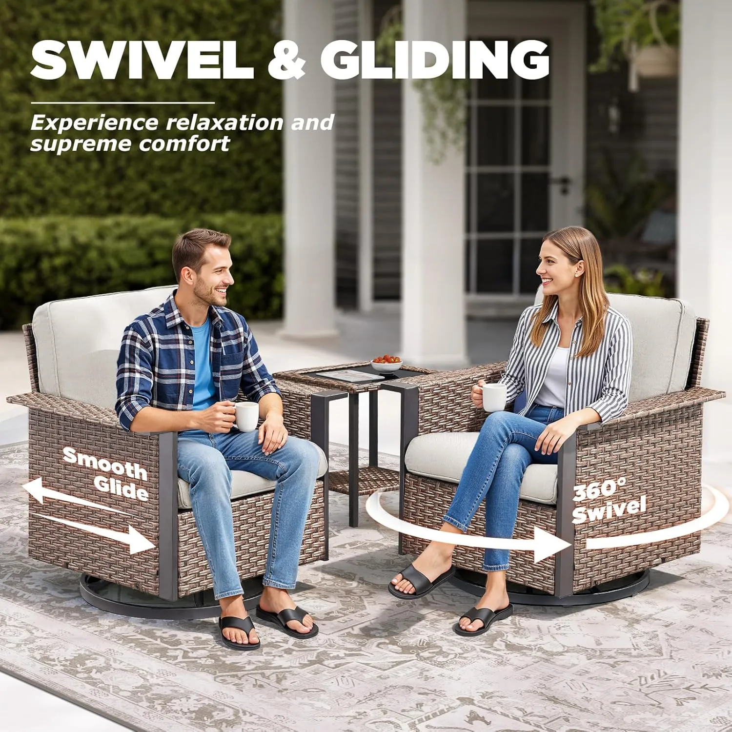 3 Pieces Outdoor Patio Furniture Set-Wicker Patio Swivel Rocker Chairs Set of 2 with Outdoor Side Table, Comfy Rattan Glider Chairs Outdoor Seating Furniture for Porch Deck Balcony Garden Brown/Beige