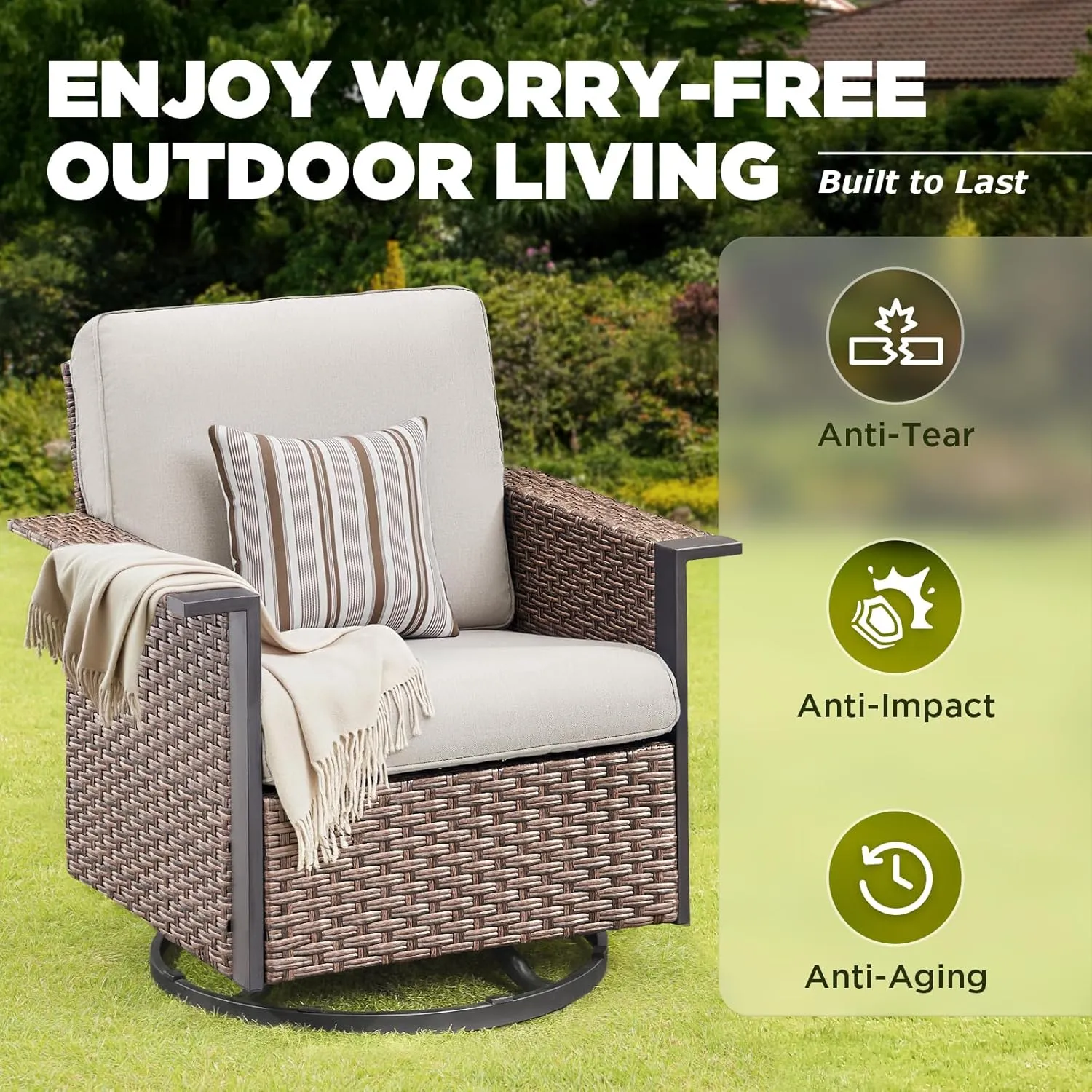 3 Pieces Outdoor Patio Furniture Set-Wicker Patio Swivel Rocker Chairs Set of 2 with Outdoor Side Table, Comfy Rattan Glider Chairs Outdoor Seating Furniture for Porch Deck Balcony Garden Brown/Beige
