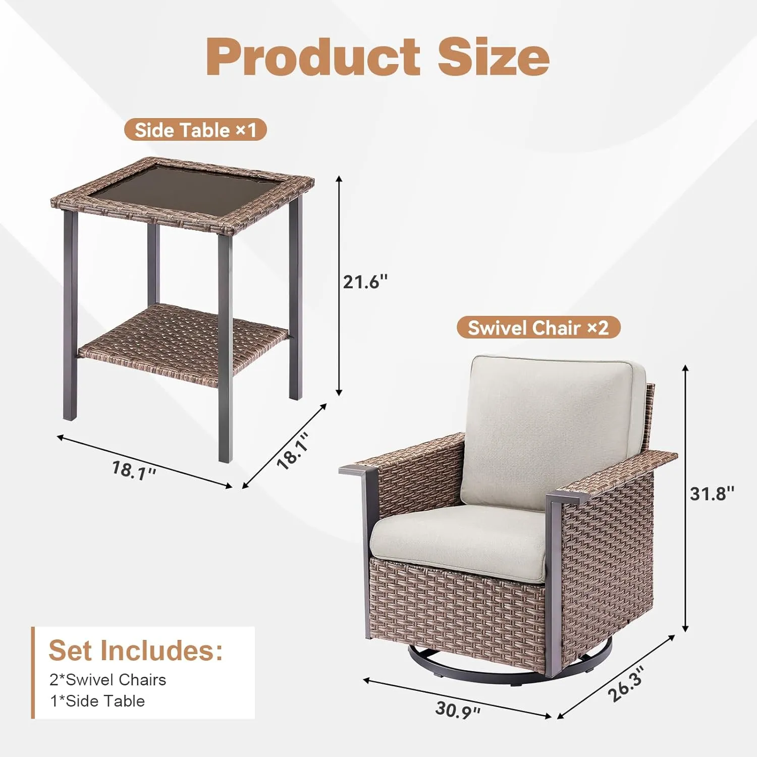 3 Pieces Outdoor Patio Furniture Set-Wicker Patio Swivel Rocker Chairs Set of 2 with Outdoor Side Table, Comfy Rattan Glider Chairs Outdoor Seating Furniture for Porch Deck Balcony Garden Brown/Beige