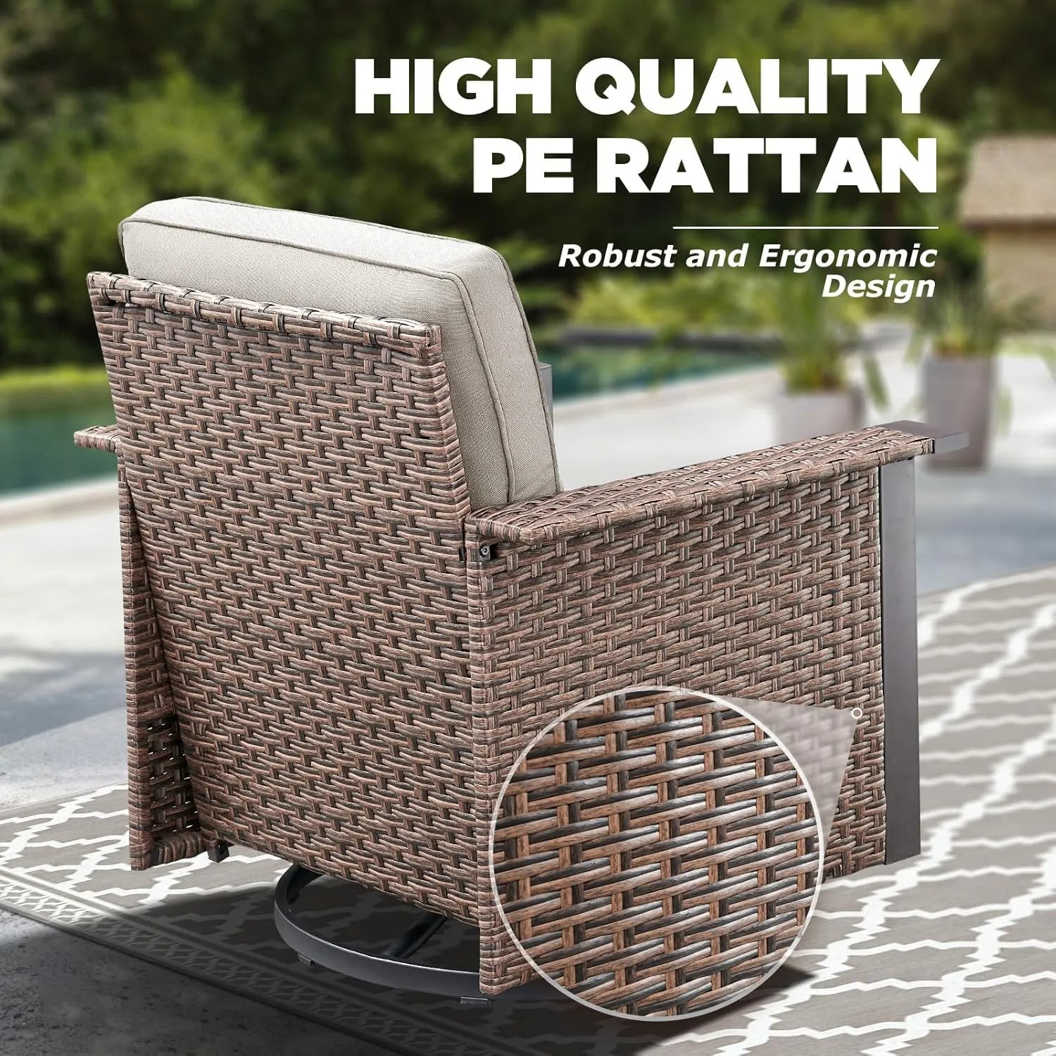 3 Pieces Outdoor Patio Furniture Set-Wicker Patio Swivel Rocker Chairs Set of 2 with Outdoor Side Table, Comfy Rattan Glider Chairs Outdoor Seating Furniture for Porch Deck Balcony Garden Brown/Beige
