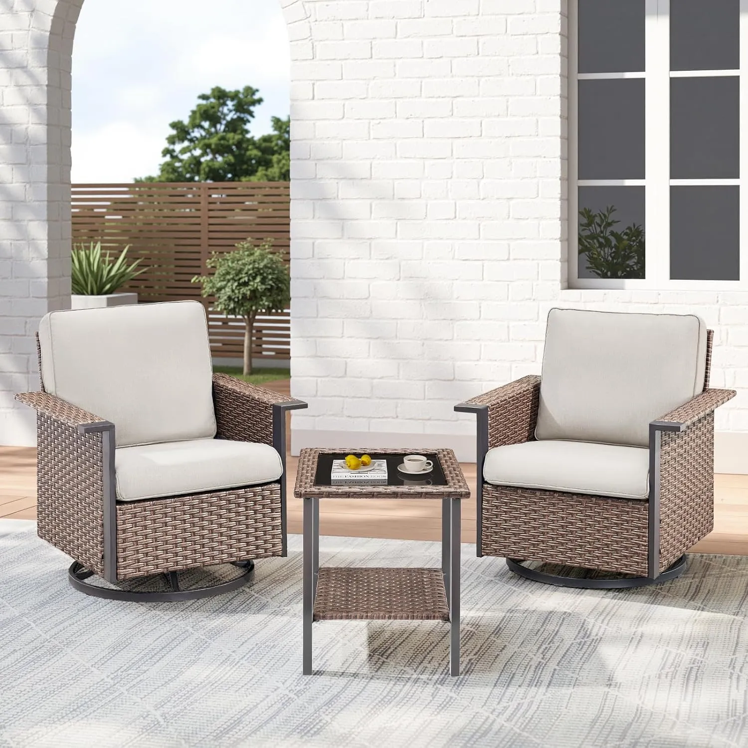3 Pieces Outdoor Patio Furniture Set-Wicker Patio Swivel Rocker Chairs Set of 2 with Outdoor Side Table, Comfy Rattan Glider Chairs Outdoor Seating Furniture for Porch Deck Balcony Garden Brown/Beige