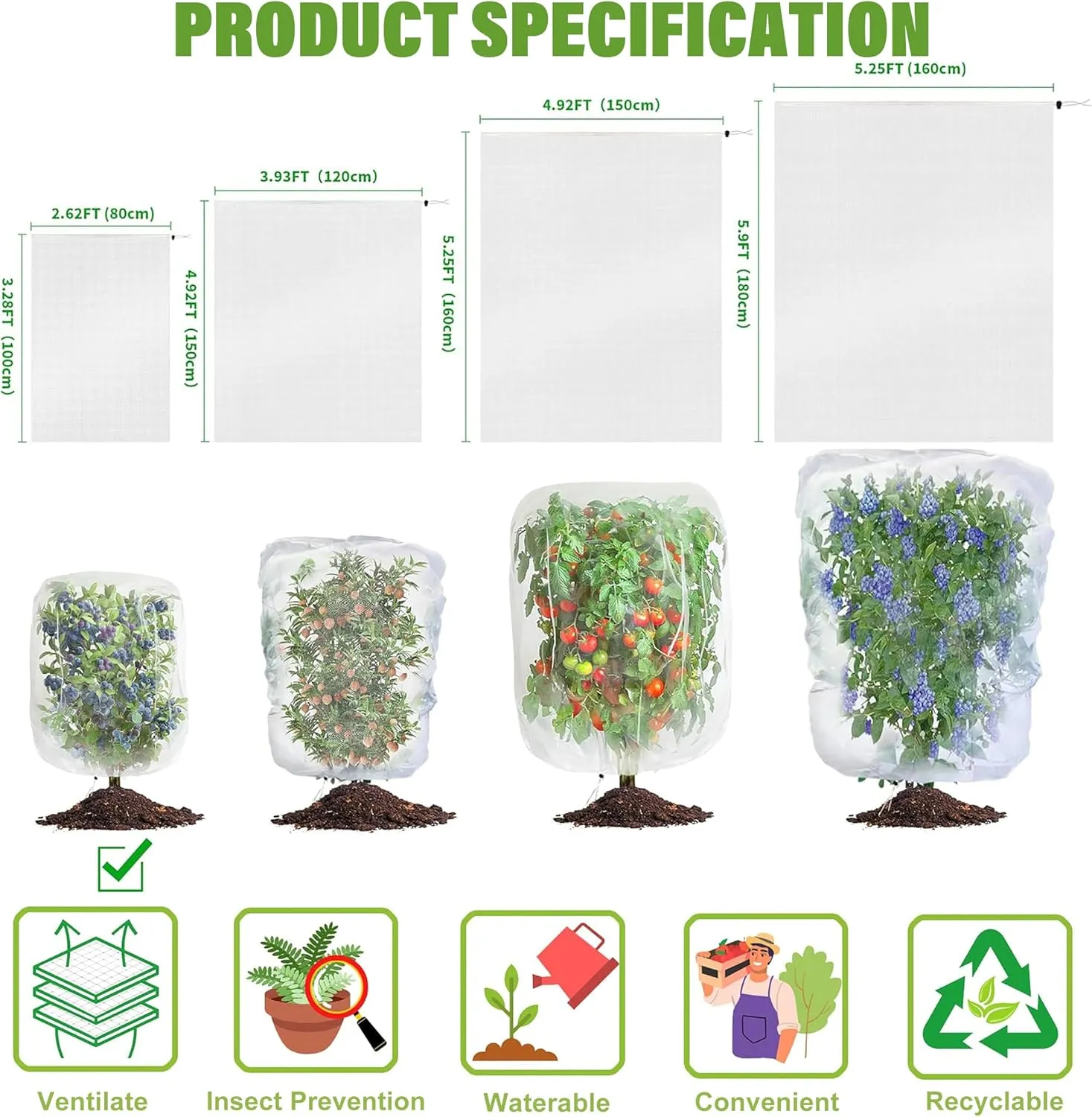3.28×2.62FT Birds Garden Mesh Netting, 4 Pack Plant Insect Netting with Drawstring - Fruit Tree Cover Pest Barrier Bag Protect Blueberry Bush/Tomato/Cherry/Strawberry from Bugs,Cicadas,Squirrel