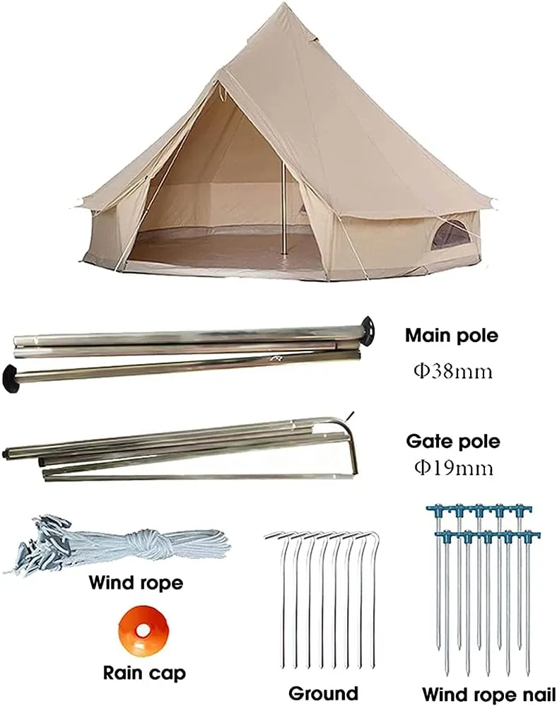 3/4/5/6m Camping Bell Tent 4-Season Heavy Duty Family Tent Outdoor Hiking Hunting Yurt Tent with Zipped Groundsheet and Chimney (Khaki 5m/16.4ft)