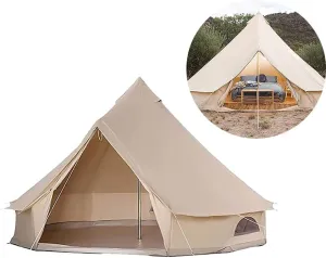3/4/5/6m Camping Bell Tent 4-Season Heavy Duty Waterproof Family Tent Outdoor Hiking Hunting Yurt Tent with Zipped Groundsheet and Chimney, Khaki