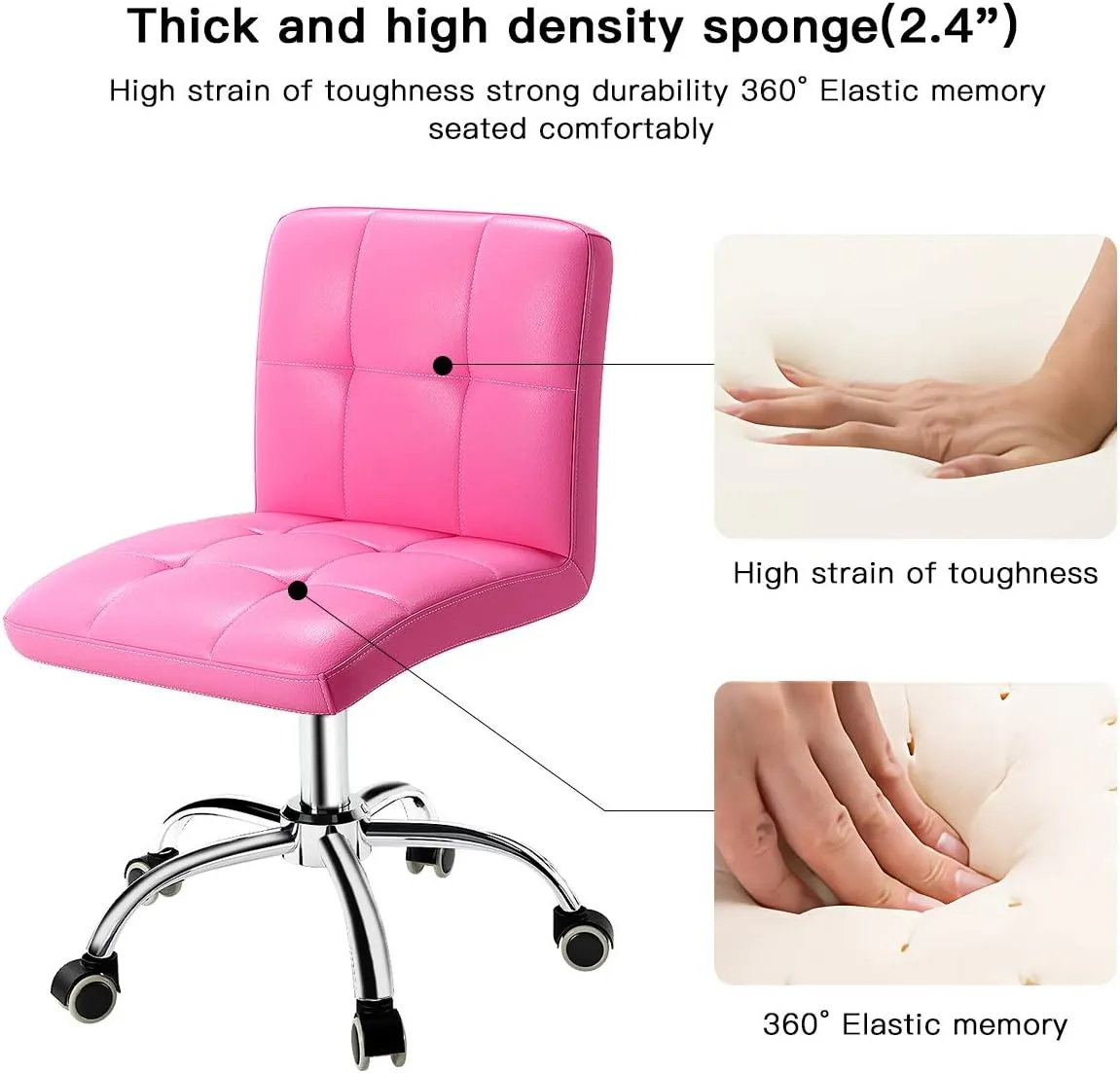 360° Office Desk Chair,PU Adjustable Rolling Task Chair with Backrest for Barber,Office,Home, Computer,360° Swivel,Armless (Pink)