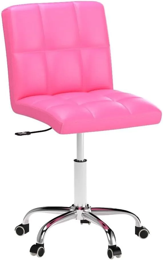 360° Office Desk Chair,PU Adjustable Rolling Task Chair with Backrest for Barber,Office,Home, Computer,360° Swivel,Armless (Pink)