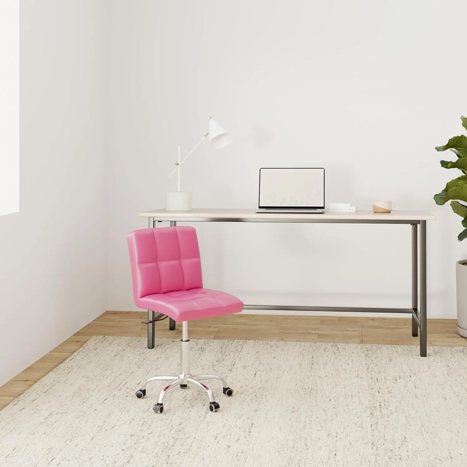 360° Office Desk Chair,PU Adjustable Rolling Task Chair with Backrest for Barber,Office,Home, Computer,360° Swivel,Armless (Pink)