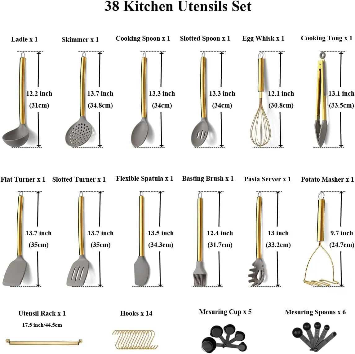 38 Piece Silicone kitchen Cooking Utensils Set with Utensil Rack, Silicone Head and Stainless Steel Handle Cookware, Kitchen Tools for Utensil Sets, Non-Stick kitchen Gadgets, Dishwasher Safe (Gold)