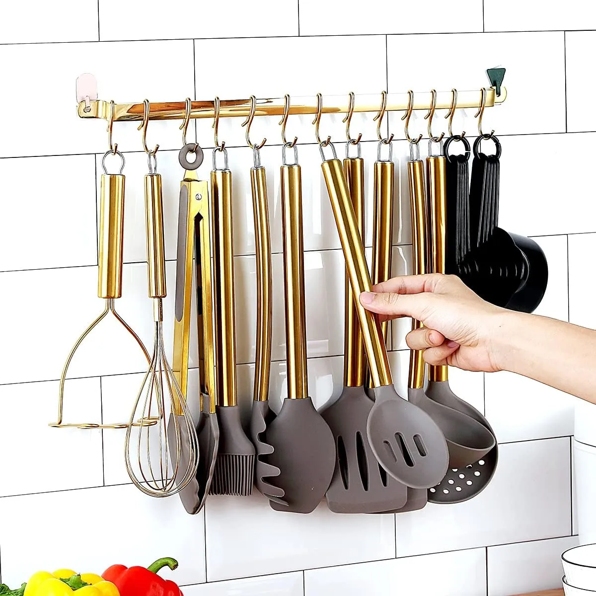 38 Piece Silicone kitchen Cooking Utensils Set with Utensil Rack, Silicone Head and Stainless Steel Handle Cookware, Kitchen Tools for Utensil Sets, Non-Stick kitchen Gadgets, Dishwasher Safe (Gold)